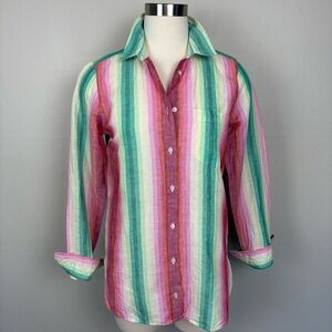 J. Crew Button Up Shirt Size 4 Linen Blend‎ Rainbow Stripes Colorful Lightweight